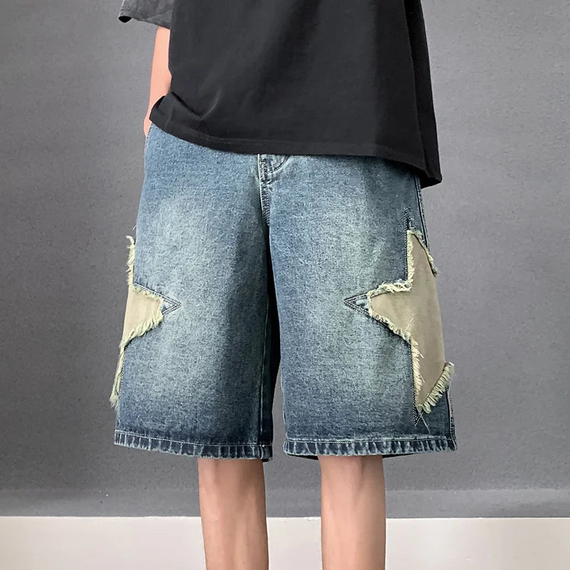 saferido Patch embroidered denim shorts for men's summer American high street capris casual breeches loose fitting youth pants
