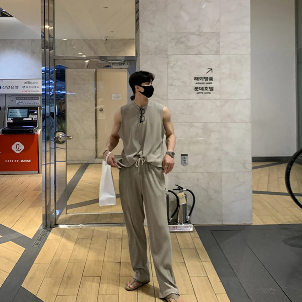 Summer Clothing Men's Casual Tank Tops Set Luxury Korean Streetwear O Neck Solid Drape Vest+Trousers 2 Piece Suit 2024 New