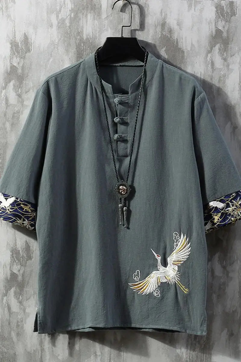 saferido Chinese Style Disc Button Linen T-shirt Mens Summer Short-sleeved Tang Shirt Loose Large Size T-shirt Japanese Kimono Men New