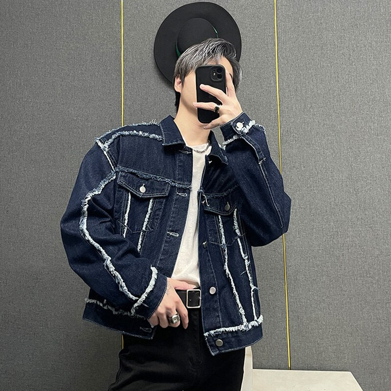 Men's Korean Style Denim Jacket New Fashion Burrs Shoulder Pad Male Jackets Trendy Single Breasted Patchwork Menwear