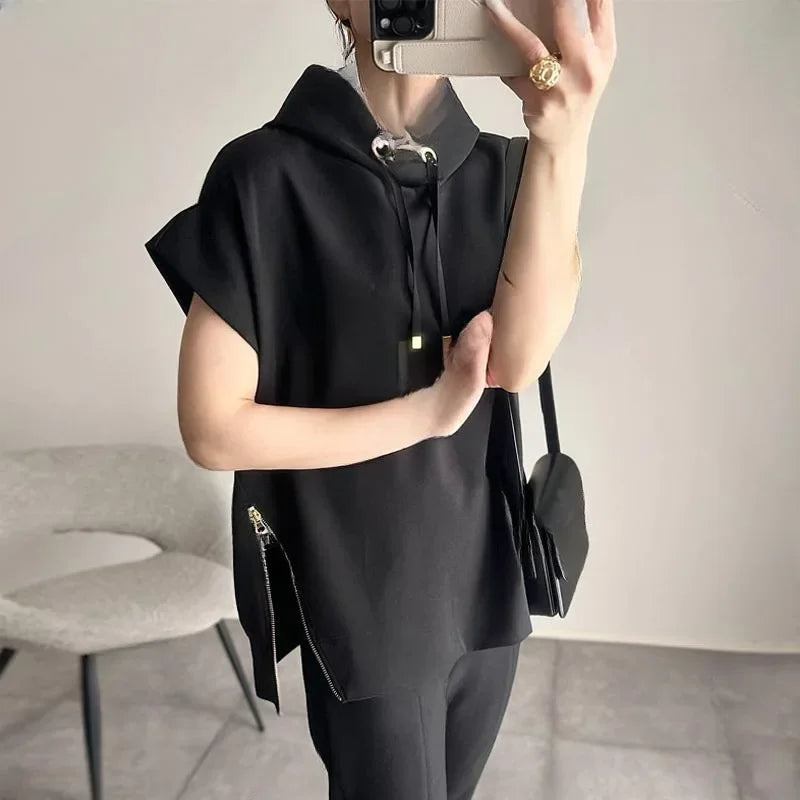 saferido In-stock Japanese Style Summer New Hooded Zippered Short Sleeve Top Hooded Two-sided Zippered Short Sleeve T-shirt