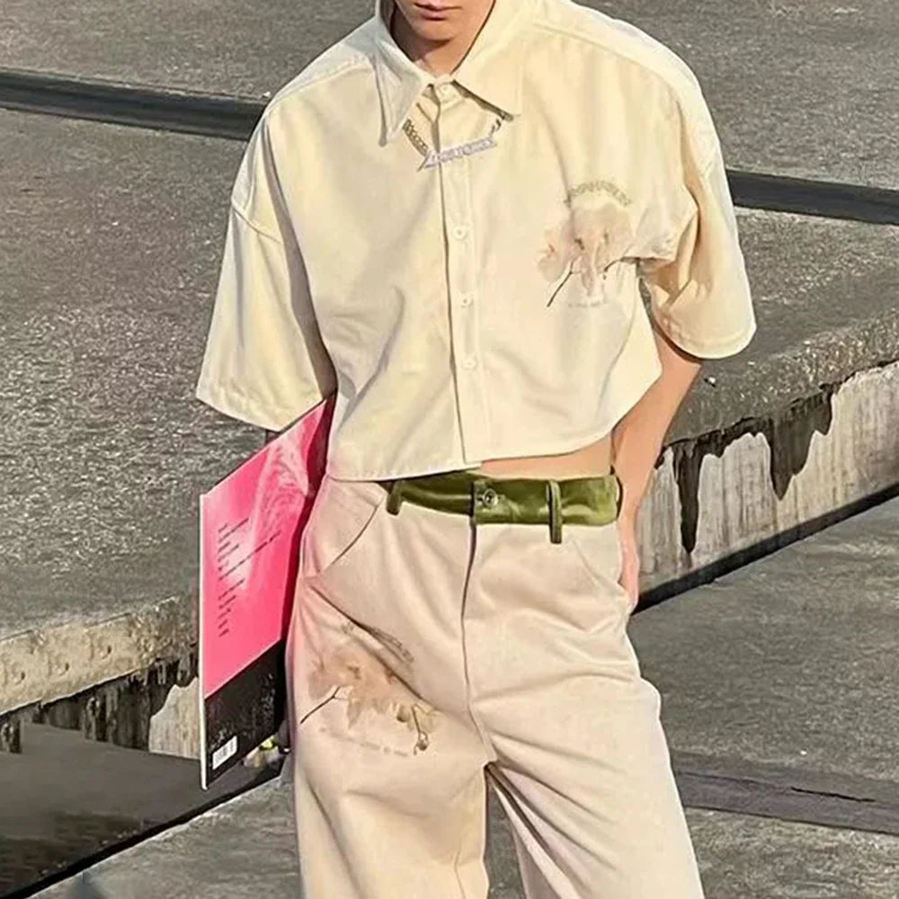saferido Mens Y2k Floral Navel-Baring Graffiti Shirt 2024 Spring Summer New Genderless Fashion Streetwear Short-Sleeve Shirt Unisex