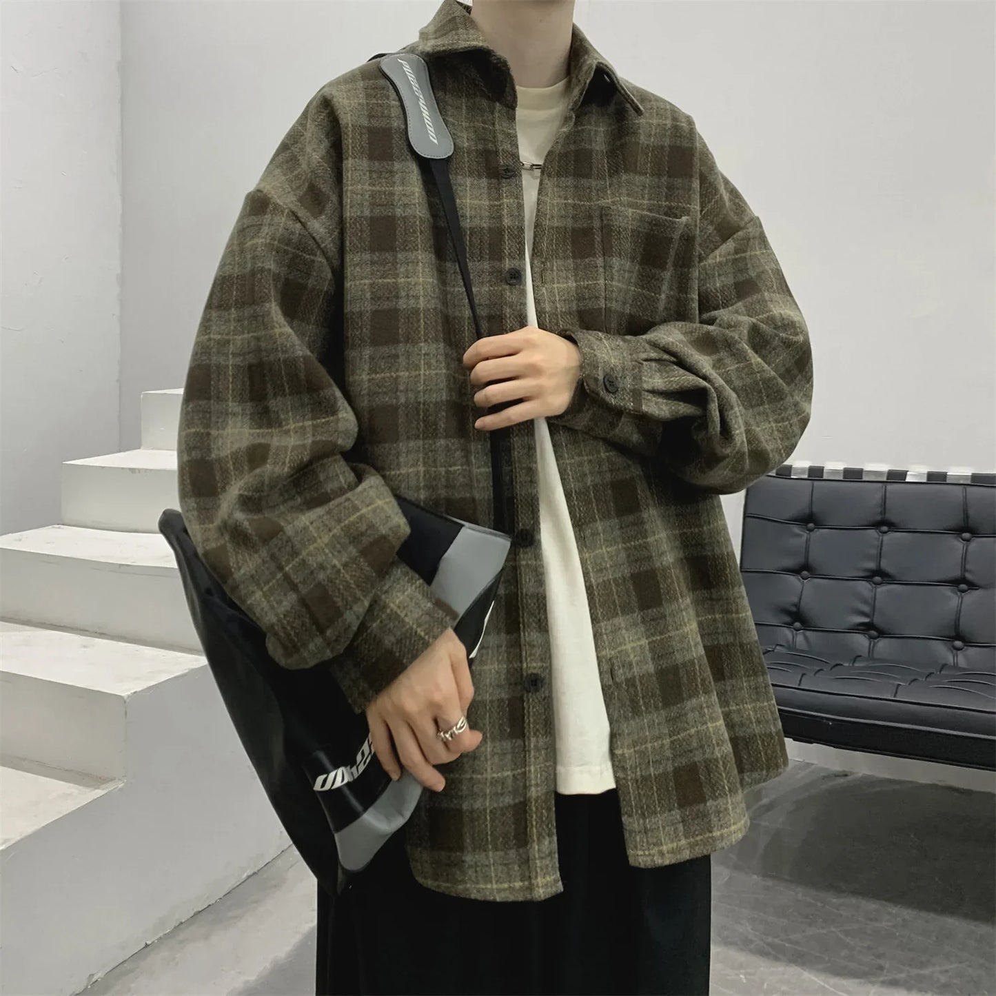 Flannel Harajuku Checked Plaid Shirt Long Sleeve Winter Y2k Streetwear Fleece Shirts Vintage Korean Fashions Clothes