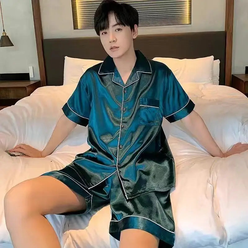 Men Pajama Sets Ice Silk Satin Short Sleeve Shirt+Shorts 2Pcs Suit Summer Thin Sleepwear Solid Color Male Casual Home Clothes