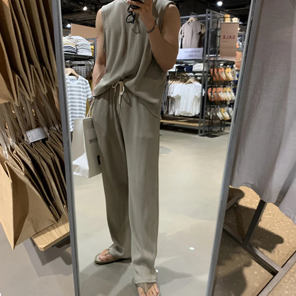Summer Clothing Men's Casual Tank Tops Set Luxury Korean Streetwear O Neck Solid Drape Vest+Trousers 2 Piece Suit 2024 New