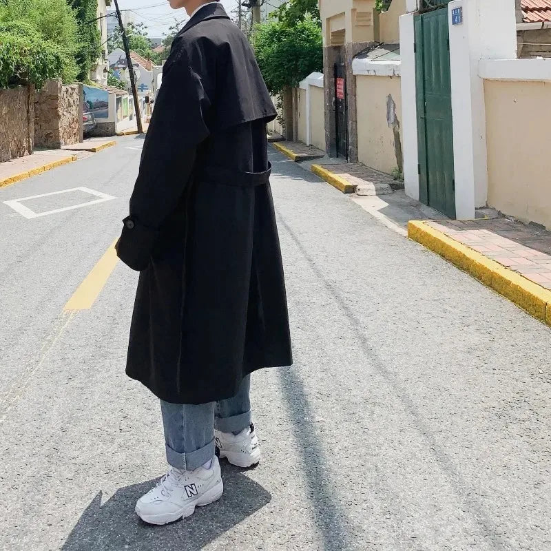 saferido Korean Style Trench Men Coat Trendy Streetwear Windbreaker Trenchcoat Solid Business Casual Streetwear Loose Long Overcoat