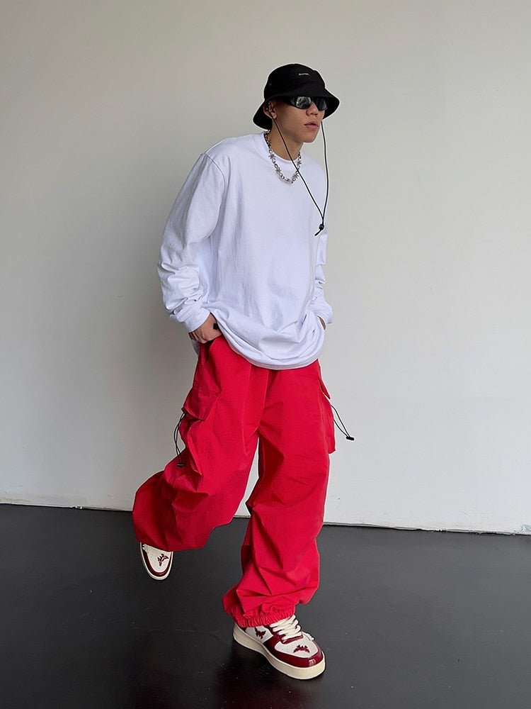 China-Chic straight tube multi pocket adjustable drawcord casual loose overalls men women ins style wide leg jogger pants