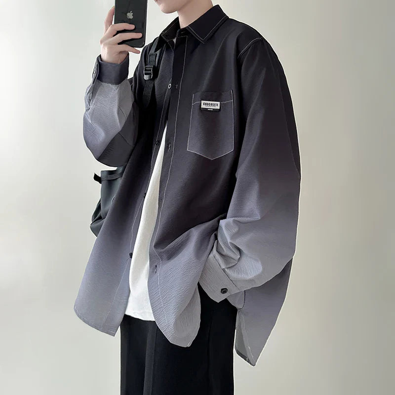 saferido Men's shirt Gradient Plicated Long Sleeve Shirts Loose Korean Shirt Fashion Casual Oversize Shirt Coat High Quality Clothing