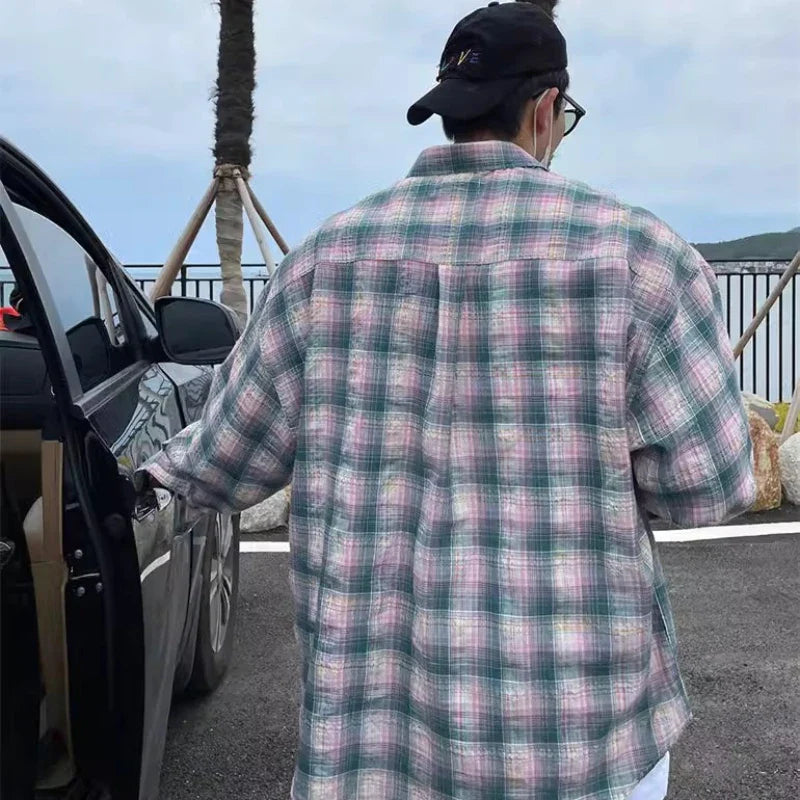 Unisex Oversized Retro Plaid Shirt Coat Men's Long Sleeve Casual Loose Fit Fashion Japanese Korean Style Sun Protection Clothing