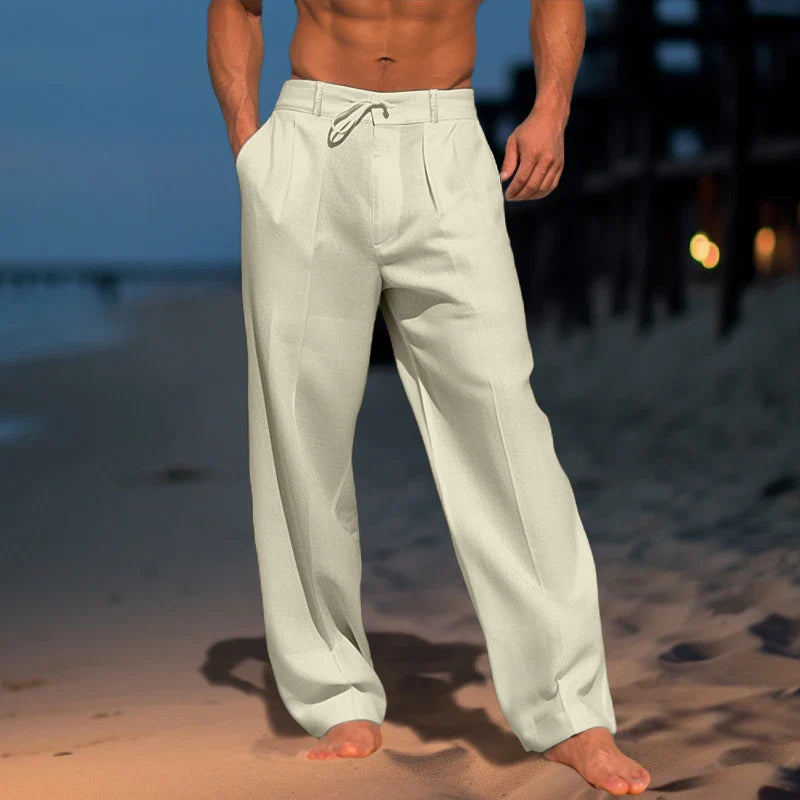 Fashion Tie-up Drawstring Trousers For Men Summer Solid Color Cotton Linen Casual Pants Mens Spring Leisure Loose Straight Pants