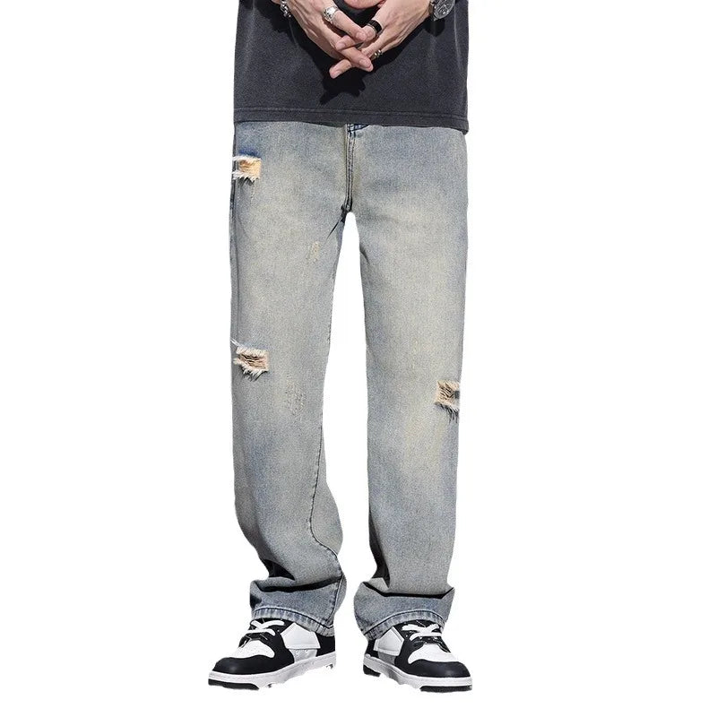 saferido Men's Clothing Y2k Baggy Jeans Spring/Summer New Man Pants American Trendy Hole Loose Leisure Straight Leg Wide Jeans for Men