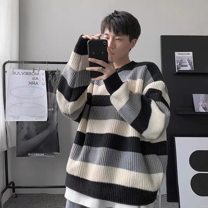saferido Man Clothes Striped Long Knitted Sweaters for Men Brown Pullovers S 90s Vintage Y2k A Korean Autumn Jumpers Neck Overfit X