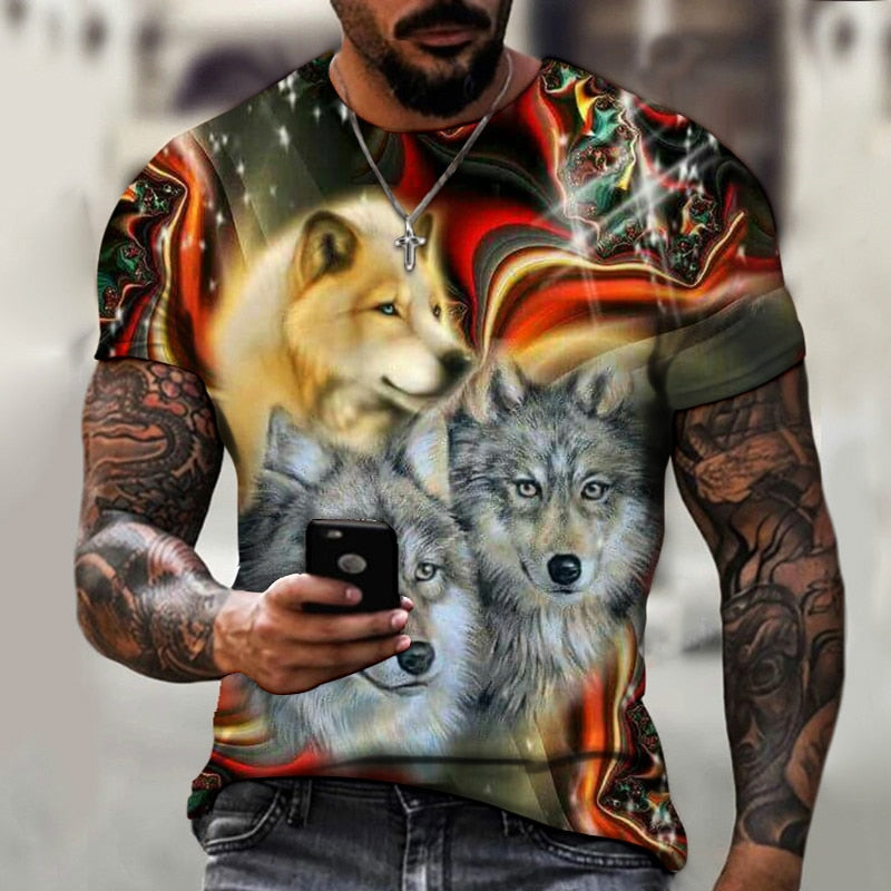 Lion Fighting Animal Beast Fierce Lion Wolf 3D T Shirt New Summer Men's Oversized Short Sleeve Black and White Design Polyester