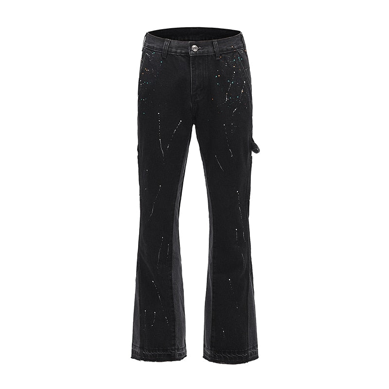 High Street Retro Ink Splash Patchwork Ripped Jeans Flare Pants Men and Women Straight Casual Oversized Loose Denim Trousers