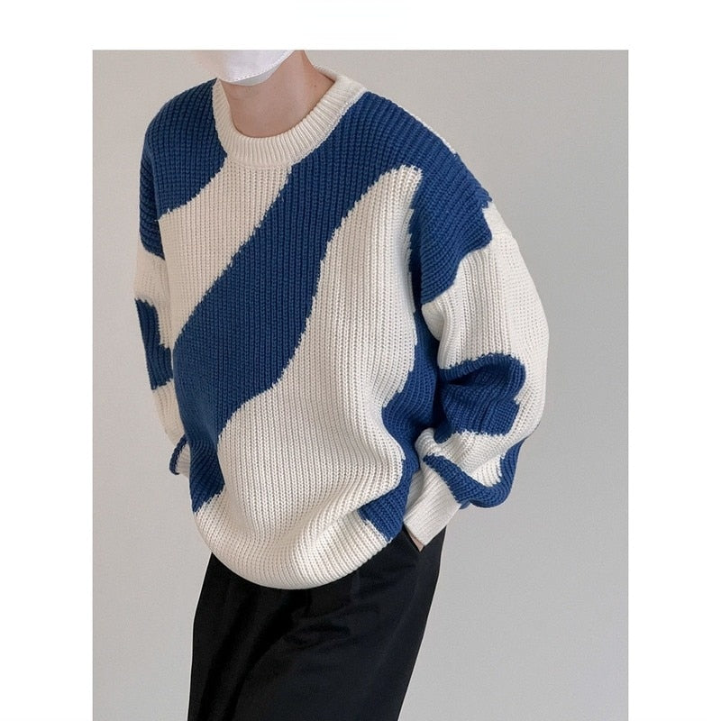 Autumn and Winter O-Neck Knit Sweater for Men Cow Patchwork Pullover Men Loose Casual Harajuku  Mens Oversized Sweater