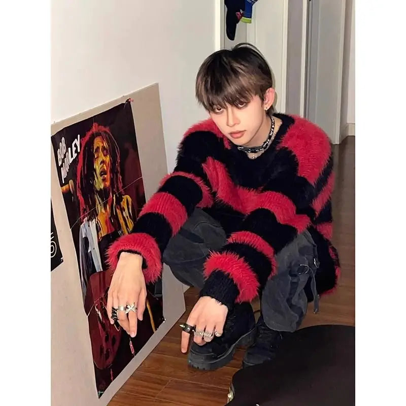 Vintage Pullover Black Red Contrast Striped Sweater Fashion Versatile Knit HIP HOP Mens Clothing High Quality Casual Jumper