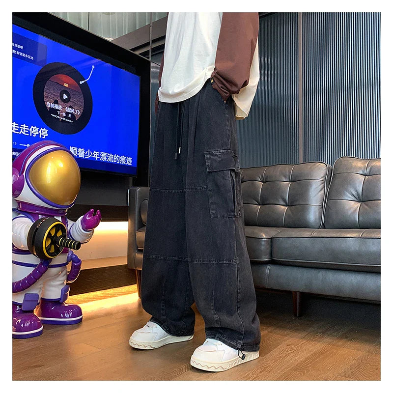 saferido Multi-Pocket Washed Cargo Pants Men Women Y2K Vintage Streetwear Loose Oversized Straight Wide-Leg Jeans Dark Green/Purple