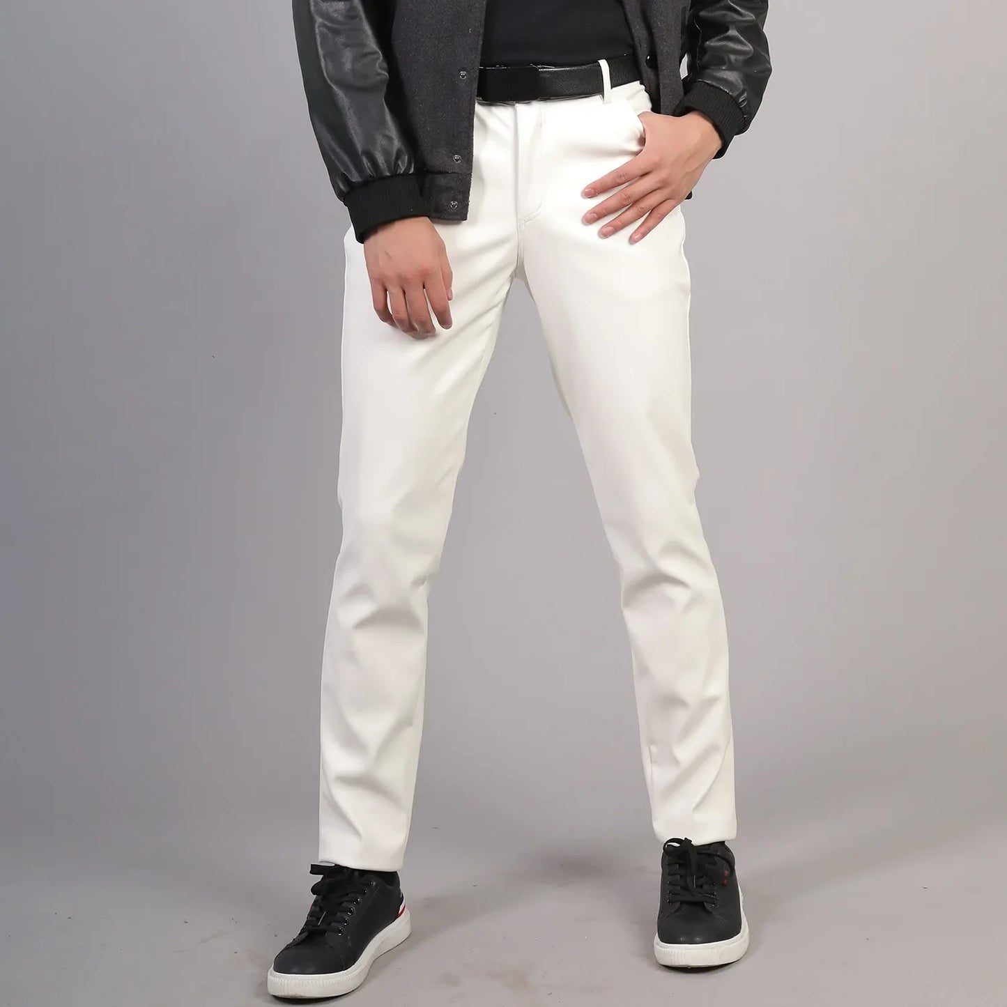 saferido Men's Leather Pants Spring Autumn Slim Fit Elastic Style Male Fashion PU Leather Trousers Moto Pants Solid Color Casual Bottoms