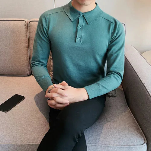 saferido Summer Mens Long-Sleeved Knitted Casual POLO Shirts Contrast Color British Slim Fit Lapel POLO Shirt Men Clothes S-3XL