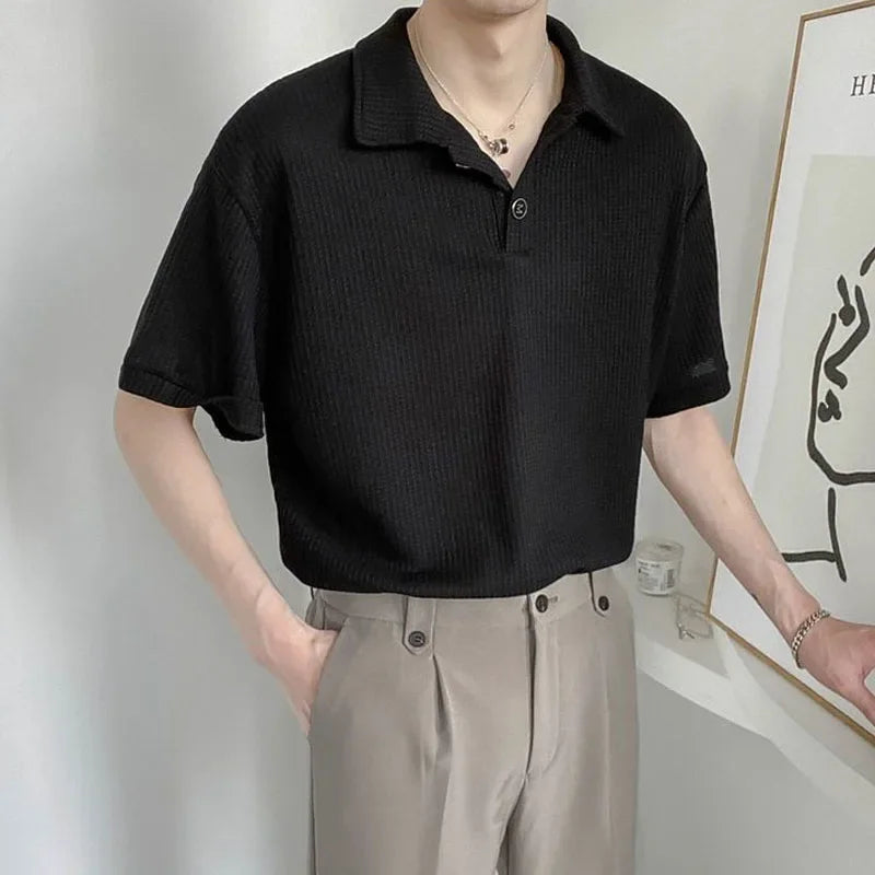 Summer Men Solid Color Tops New Korean Style Button Polo Shirts Fashion Casual Loose Lapel Polo Shirts Men's Clothing