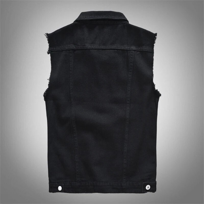 New Vintage Design Mens Denim Vests Retor Sleeveless Jackets Men Ripped Hole Jean Waistcoats Clothing jaqueta masculina