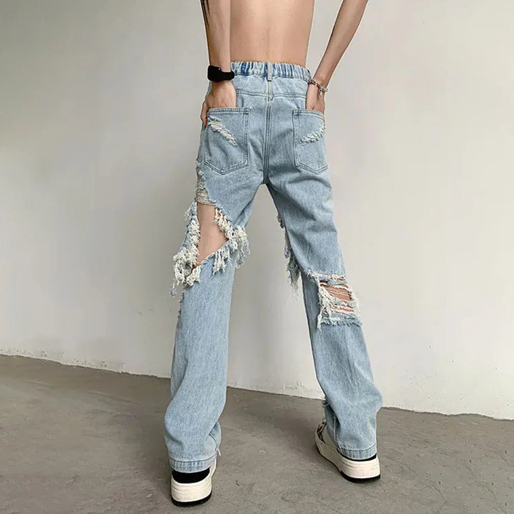 saferido Y2K Unisex Perforated Jeans Mens Summer Korean 2024 Slim Design Straight Wide Leg Denim Pants LGBT Man Sexy Ripped Fringed Jeans