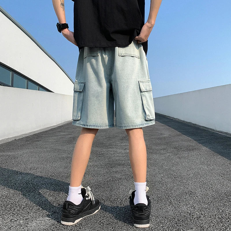 saferido Korean Summer Men's Wide Leg Denim Shorts New Fashion Loose Casual Elastic Waist Large Pocket Work Shorts Men's Brand Clothing