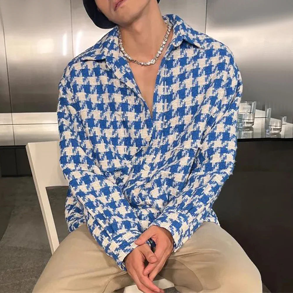 saferido Spring New Simple Versatile Fashionable Blue Houndstooth Woolen Shirt Style Genderless Casual Unisex Long-Sleeved Shirt