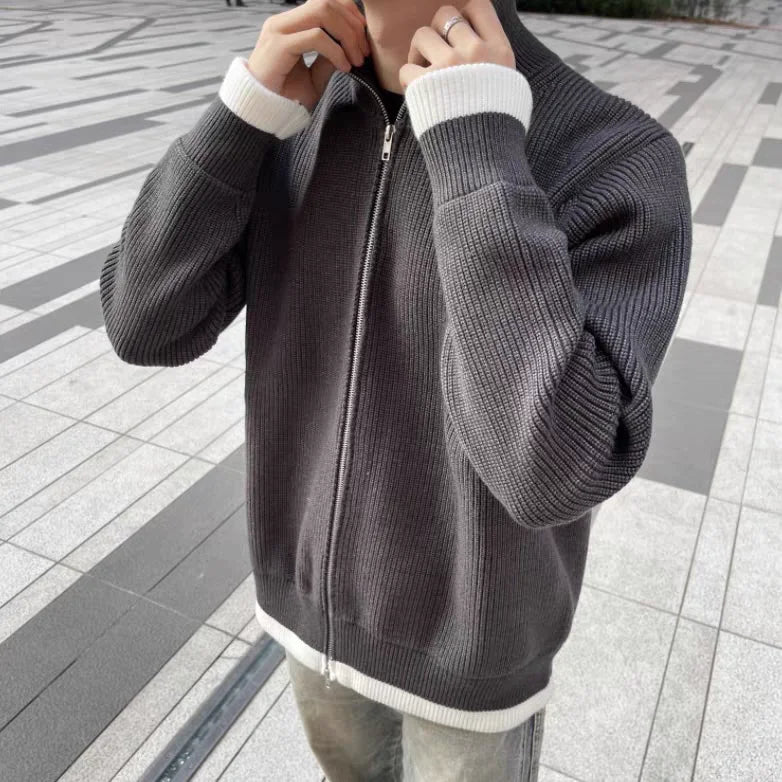 High Collar Men Winter Lambs Wool Cardigan Casual Loose Gray Zipper Knitted Sweater Fashion Contrast Long Sleeve Man Jumper New