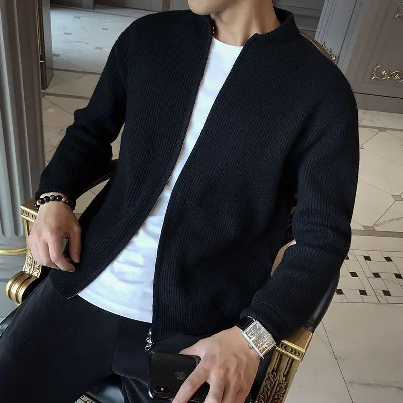 New Spring and Autumn Korean Edition Trend Stand Collar Solid Color Pit Stripe Slim Fitting High-end Men's Sweater Cardigan