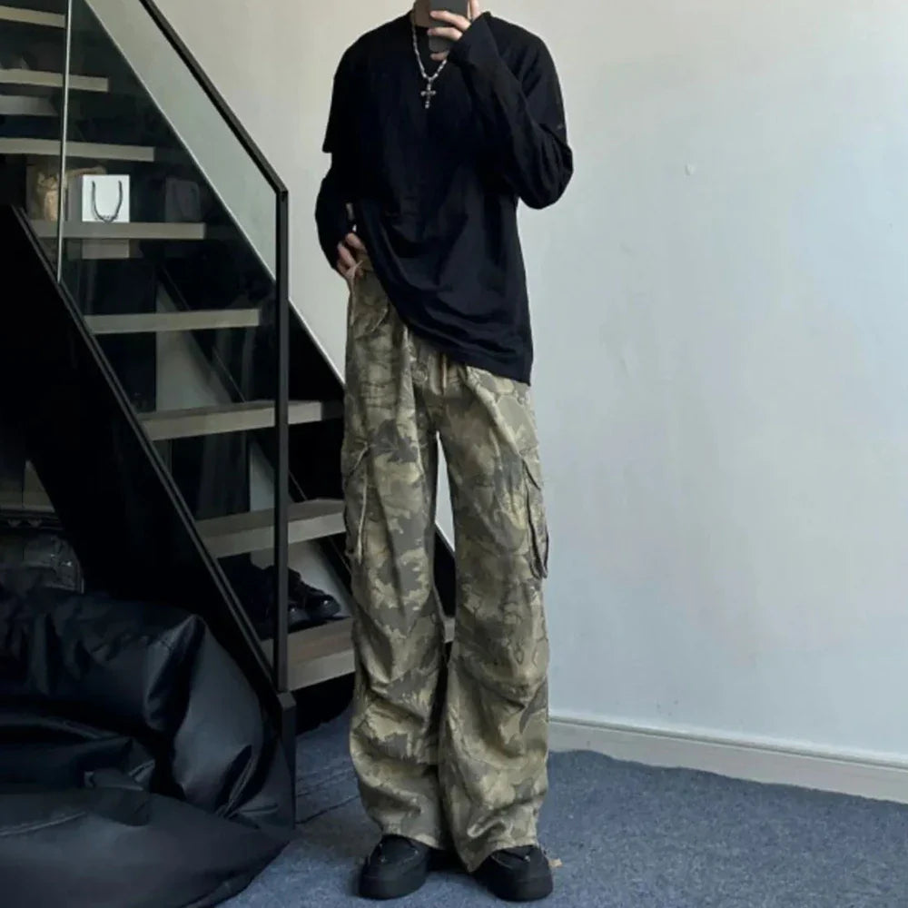 saferido Mens Y2k American Retro Pocket Camouflage Straight Pants Genderless Trendy Hip-Hop Workwear Style Loose Wide-Leg Pants Unisex