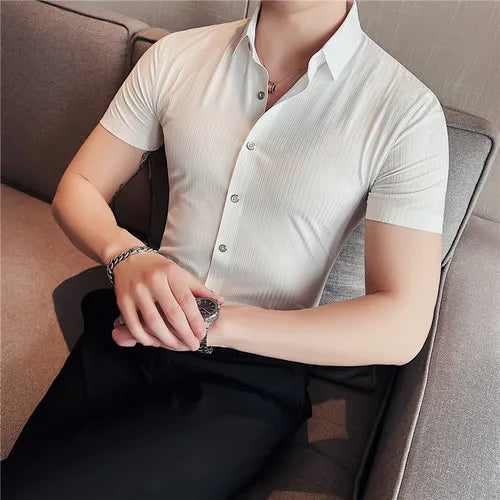 saferido British Style Men's Summer Lce Silk Casual Short SSleeves Shirts/Male Slim Fit Lapel Stripe Stretch Business Dress Shirts