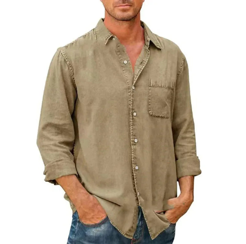 saferido Spring Autumn New Mens Denim Long Sleeve Button Down Pocket Shirt Retro Work Male Slim Fit Solid Color Casual Fashion Tops