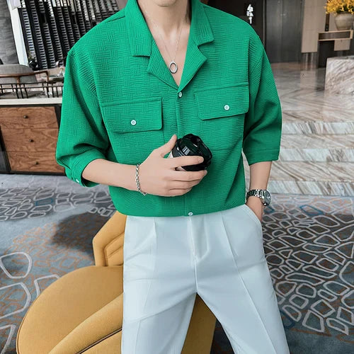 saferido British Style Men Summer Plaid Casual With Half Sleeve Shirts/Male Slim Fit V-Neck Business Shirts Camisas Hombre S-3XL