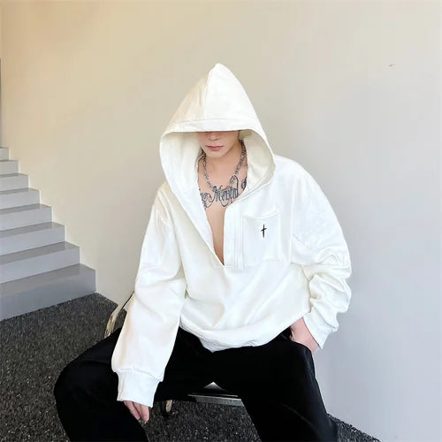 saferido Korean Spring Streetwear Collar black white Sweatshirt Men Spring Korean Loose Trendy Casual Coat Male Hoodies Sweatshirts