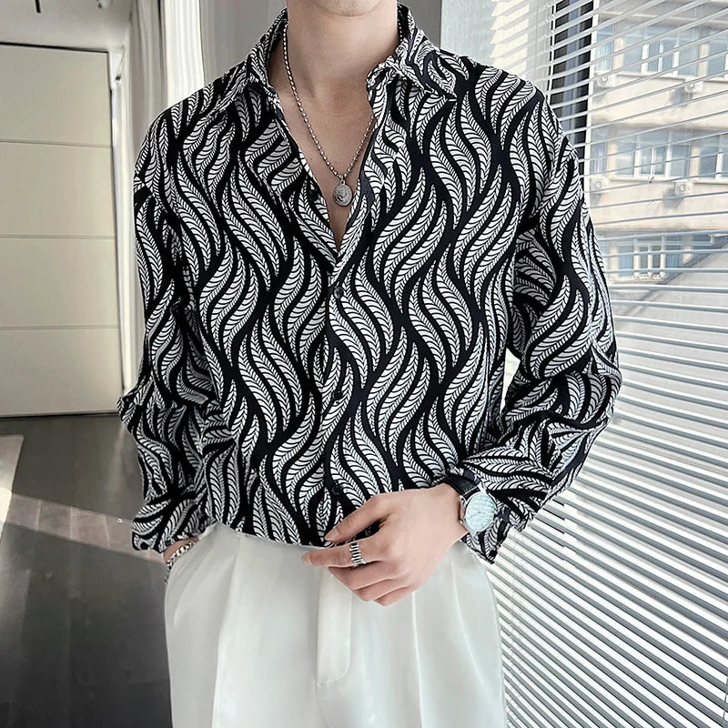 New Summer Men's Printed Shirts Oversized Clothing Casual Long Sleeve Striped Plaid Vintage Thin Draped Stretch Hawailan Blouses
