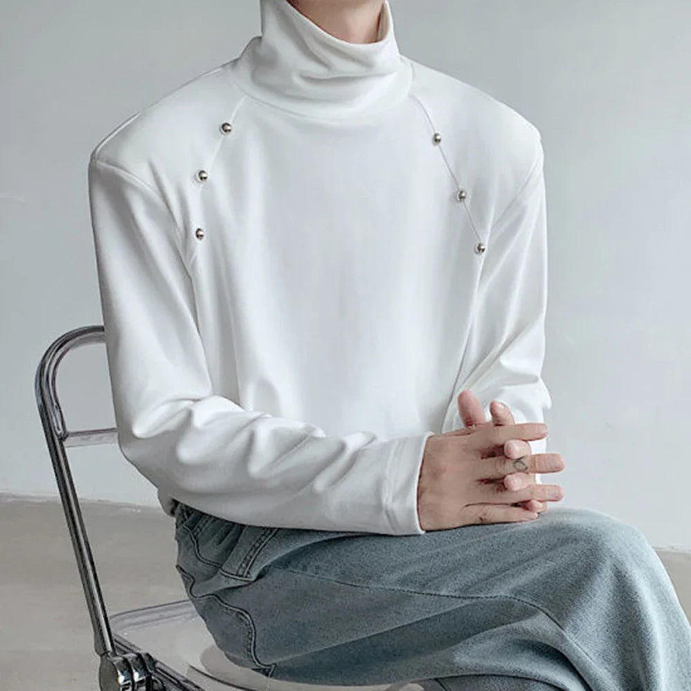 saferido Rivet High Collar White Y2k Long-Sleeved T-Shirt Mens Spring And Autumn Street Fashion Casual Inner Bottoming Shirt Pullover Top