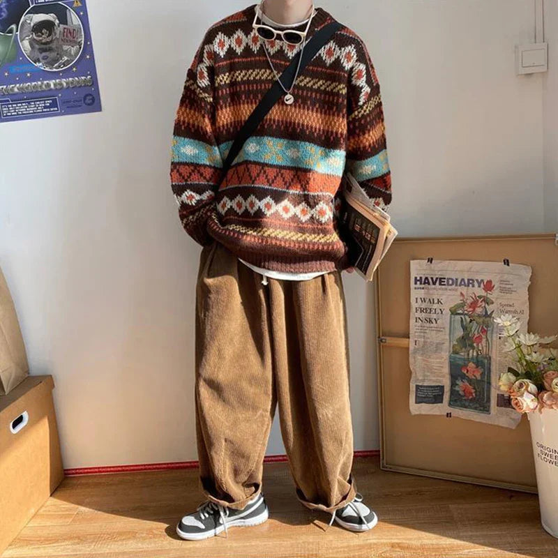 saferido Men's Knitted Vintage Graphic Sweater with Pattern Brown Blue Pullovers Sweaters and Jumpers Korean Streetwear Harajuku