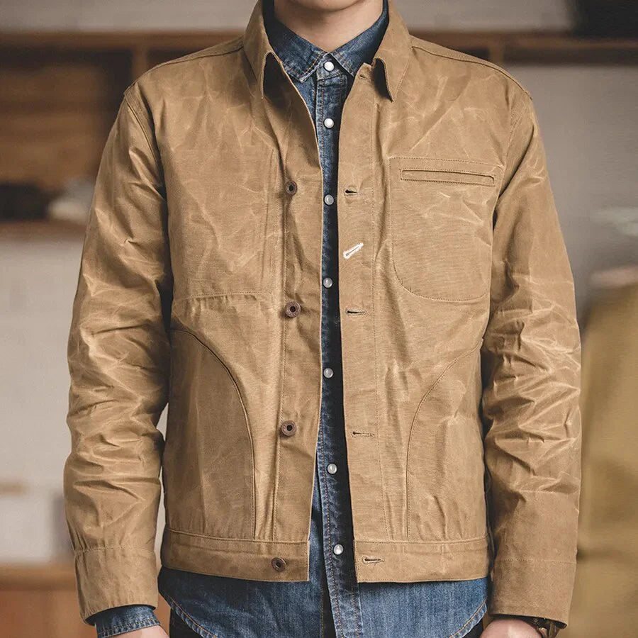Retro Khaki Jacket Male Size M To 3XL Waxed Canvas Cotton Jackets Military Uniform Light Casual Work Coats Man Clothing