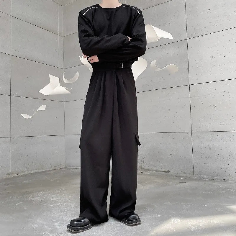 saferido Straight Leg Pants Personalized Korean Style Men's Wide Legs Trousers Solid Color Casual 2024 New Summer Fashion