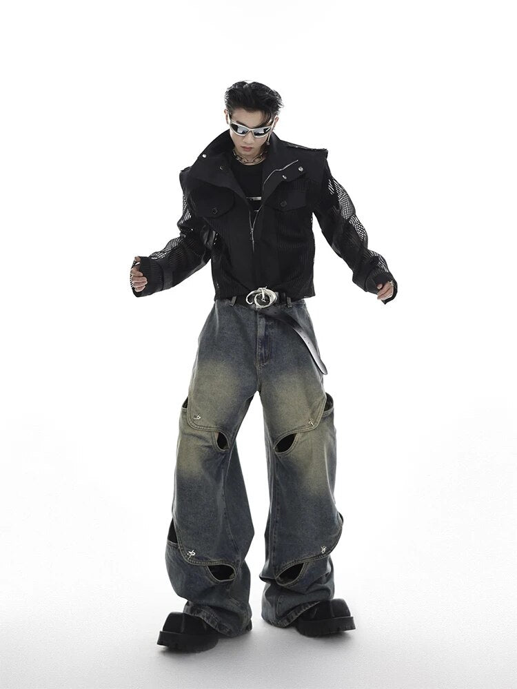 Wide Leg Jeans Pants Men Streetwear Baggy Distressed Denim Trousers Male Oversize Hollow Out Casual Korean Hip Hop