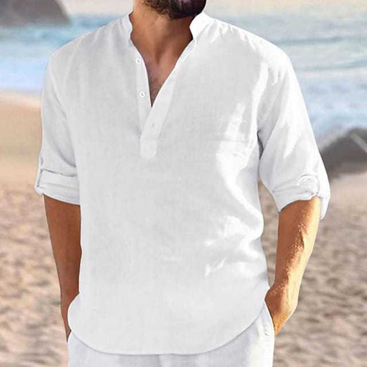 Mens Casual Cotton Linen Turn-down Collar Single Breasted Shirt 3/4 Sleeve Loose Blouse Button V Neck Shirts Tops Clothing