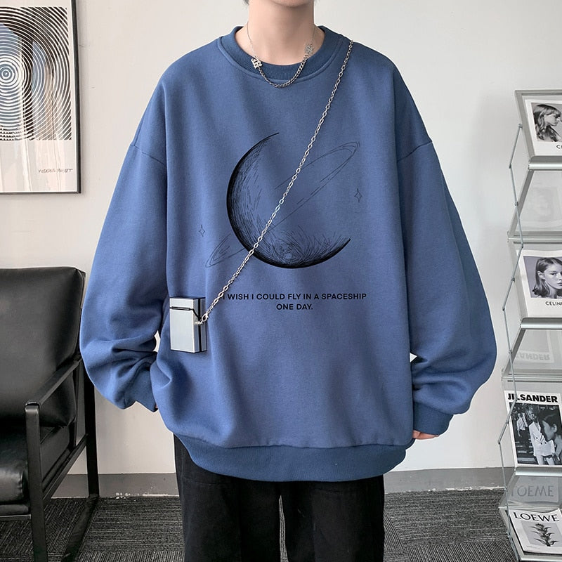 Winter Warm Sweatshirts New Men Simple Stroke Moon Graphic Pullovers Oversized Korean Style Man Letter Print O Neck Tops