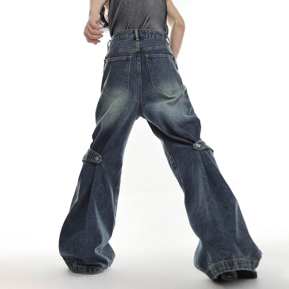 saferido Mens Autumn Winter American Street Niche Y2k Heavy-Duty Distressed Washed Jeans Irregular Variable Bell Pants Wide-Leg Pants