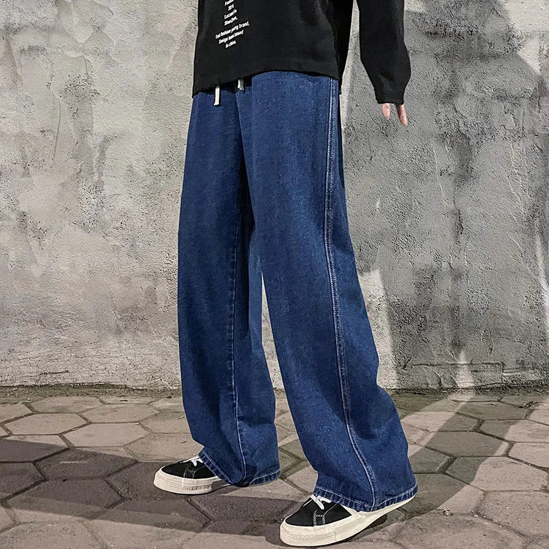 saferido Korean Fashion Men's Baggy Jeans Elastic Waist Classic olid Color Straight-leg Denim Wide-leg Pants Male Light Blue Grey Black