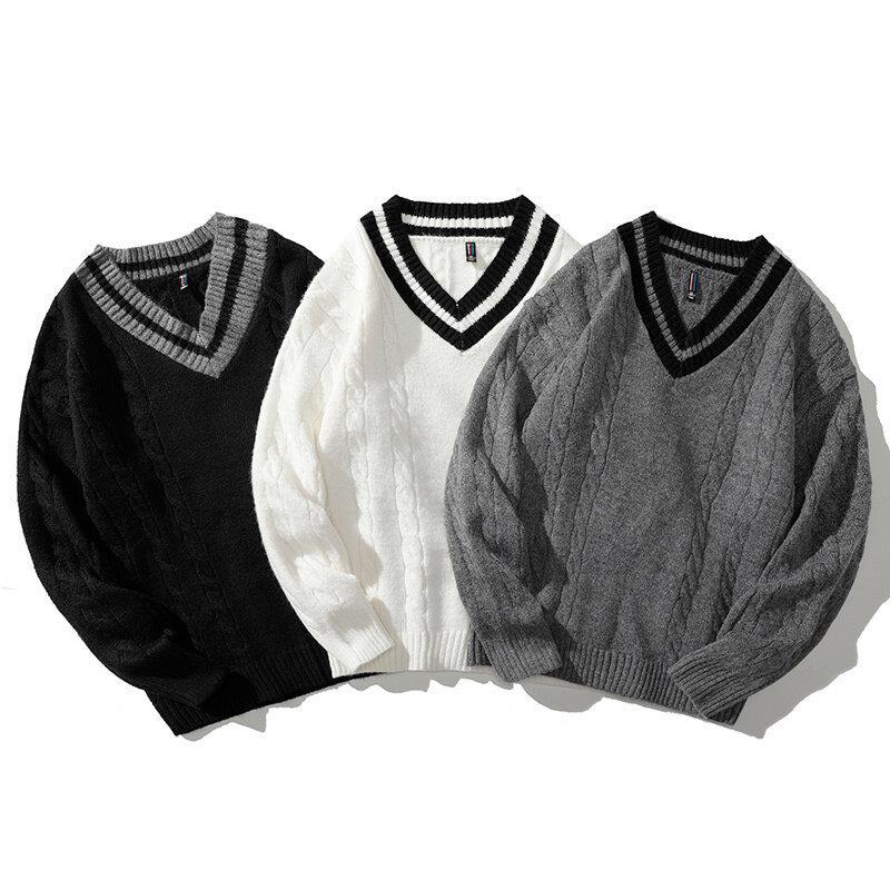 Mens Winter Knitted Sweaters Oversized Male Black Pullover V Neck Jumpers Men's Vintage Striped Knitwear Men Clothing