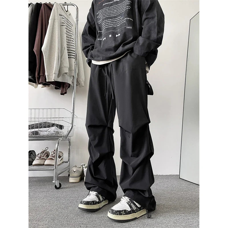 saferido Plus Size 5XL-M High Street Pleated Overalls Men's Fashion Loose Straight Casual Pants Male Solid Color Trousers Spring New