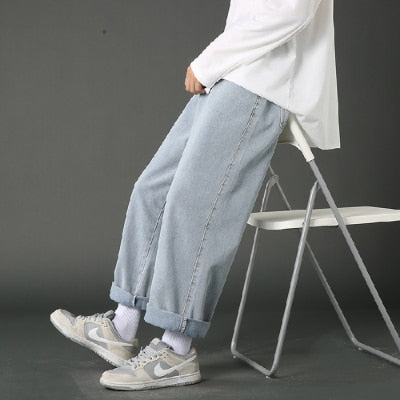 Street Casual Baggy Jeans Men's Korean Fashion Hip Hop Straight Wide Leg Trousers Couple Denim Pants Black Light Blue