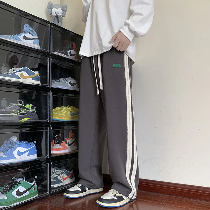 saferido Men's Striped Slit Pants Spring Autumn Straight Wide Leg Trousers High Street Loose Casual Trousers Fashion Men Clothing