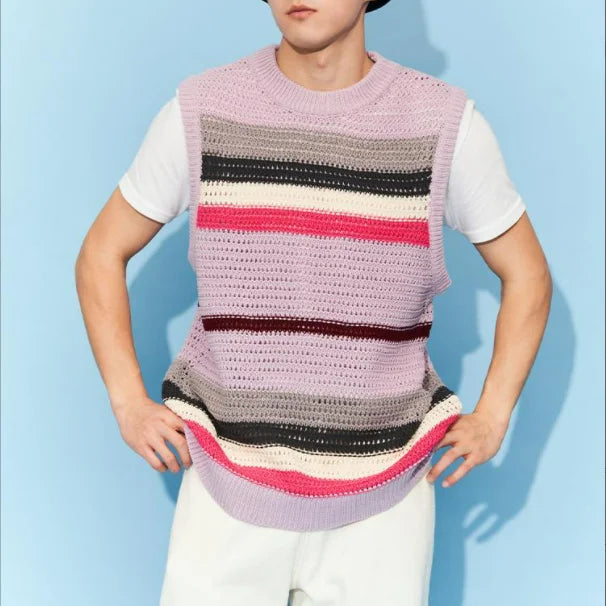 Men's Clothing Loose Pullovers Round Neck Simplicity Handsome Hollow Out Solid Color Patchwork Fashionable Casual Sweater